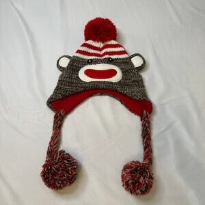 Sock Monkey Puppet Winter Beanie Hat Pom-Poms